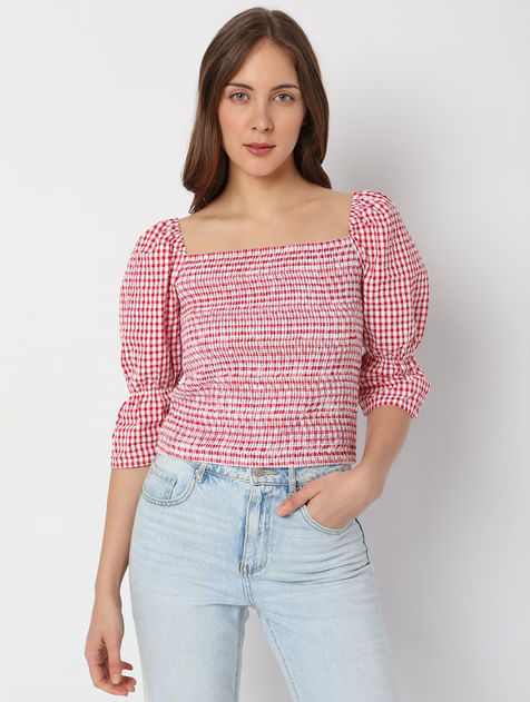 Red Check Smocked Top