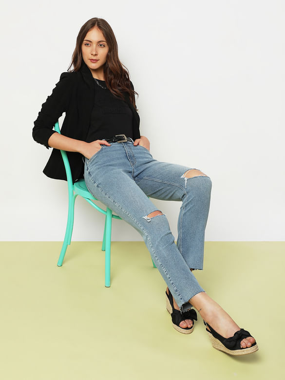 Blue Mid Rise Distressed Jade Straight Fit Jeans
