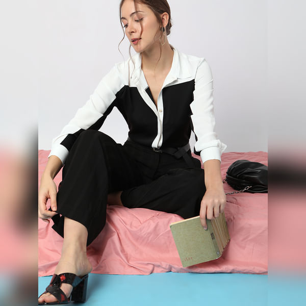 VERO MODA Women Black Colourblocked Shirt, Full Sleeves, Shirt Collar