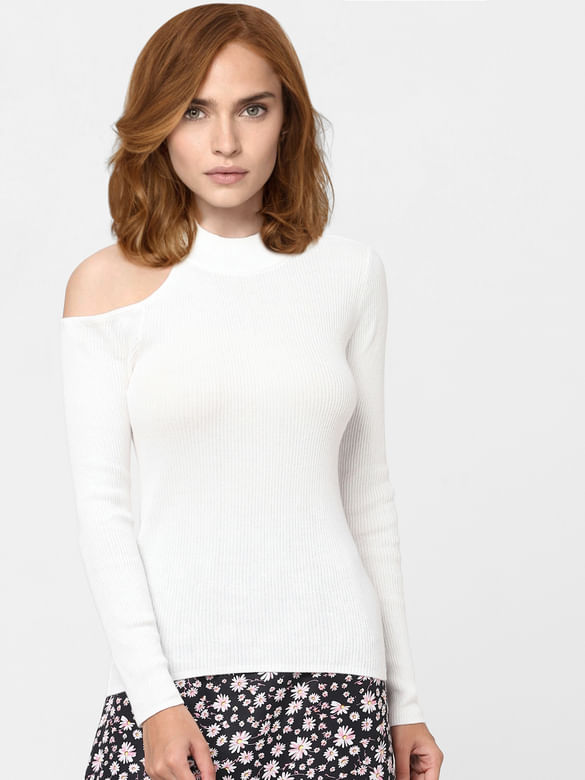 White Cut-Out One-Shoulder Sweater