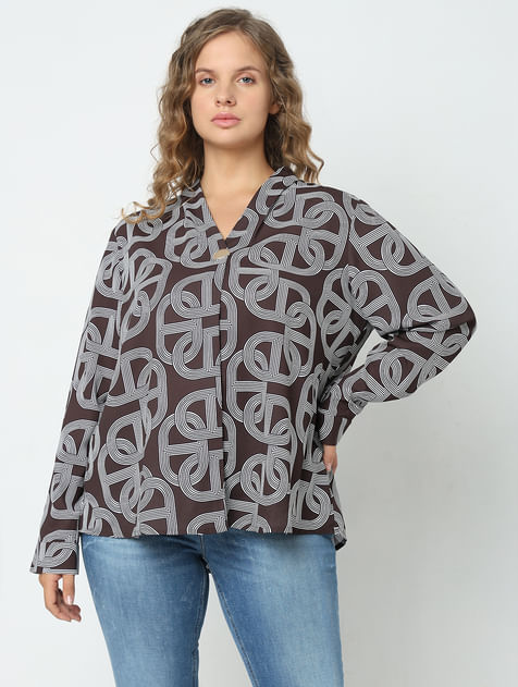 Curve Brown Abstract Print Top
