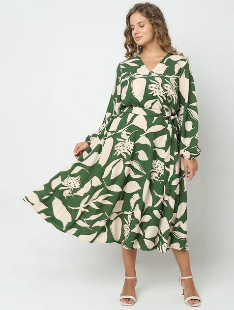 Curve Green Printed Midi Dress