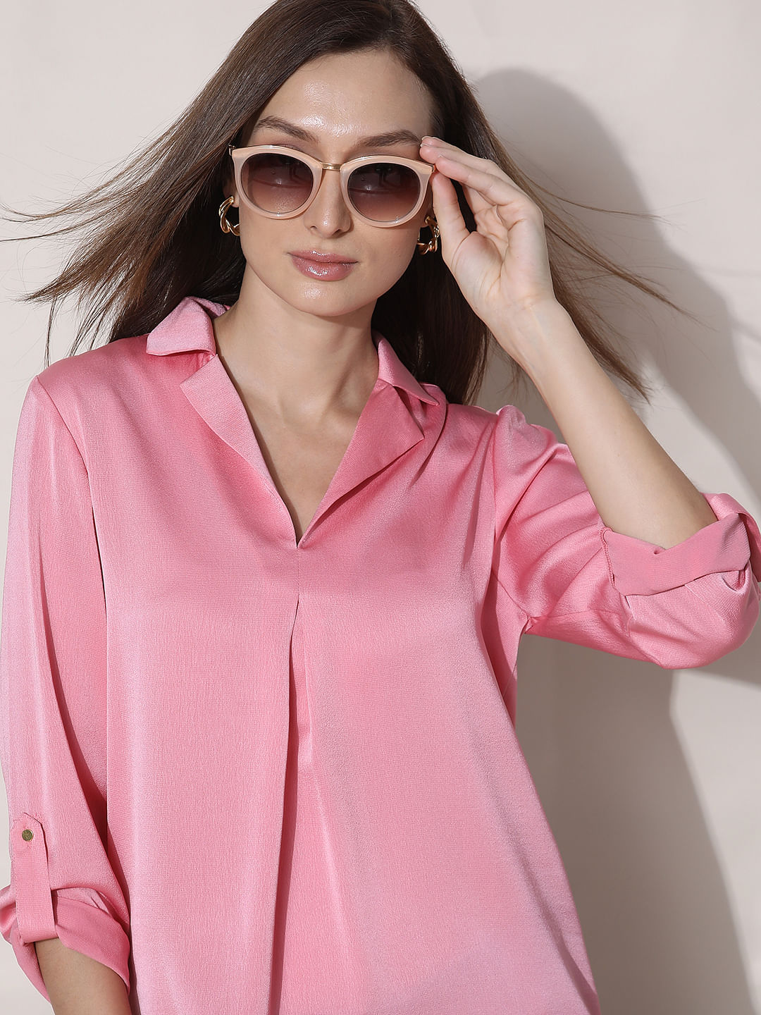 Pink satin shop shirt womens