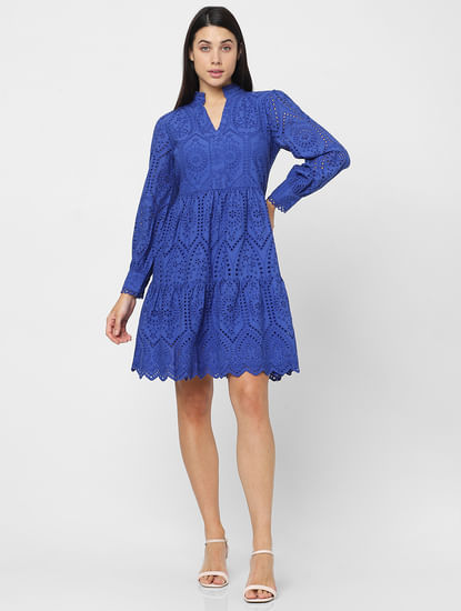 Blue Schiffli Fit & Flare Dress