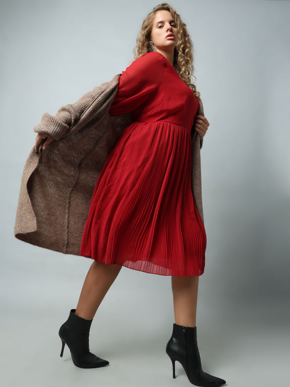 Curve Red Pleated Fit & Flare Dress
