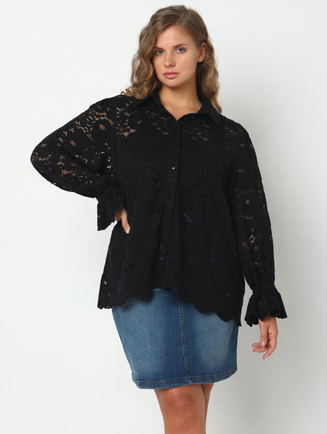Curve Black Floral Lace Shirt