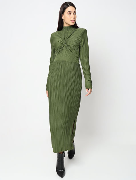 Green Plisse High Neck Midi Dress