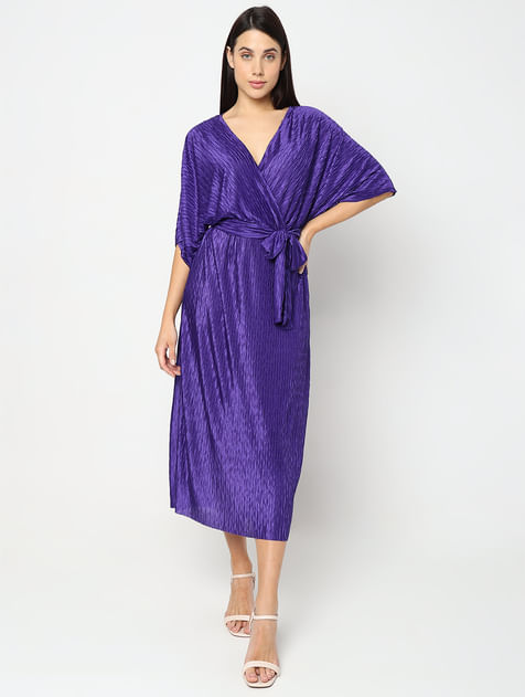 Purple Plisse Midi Wrap Dress