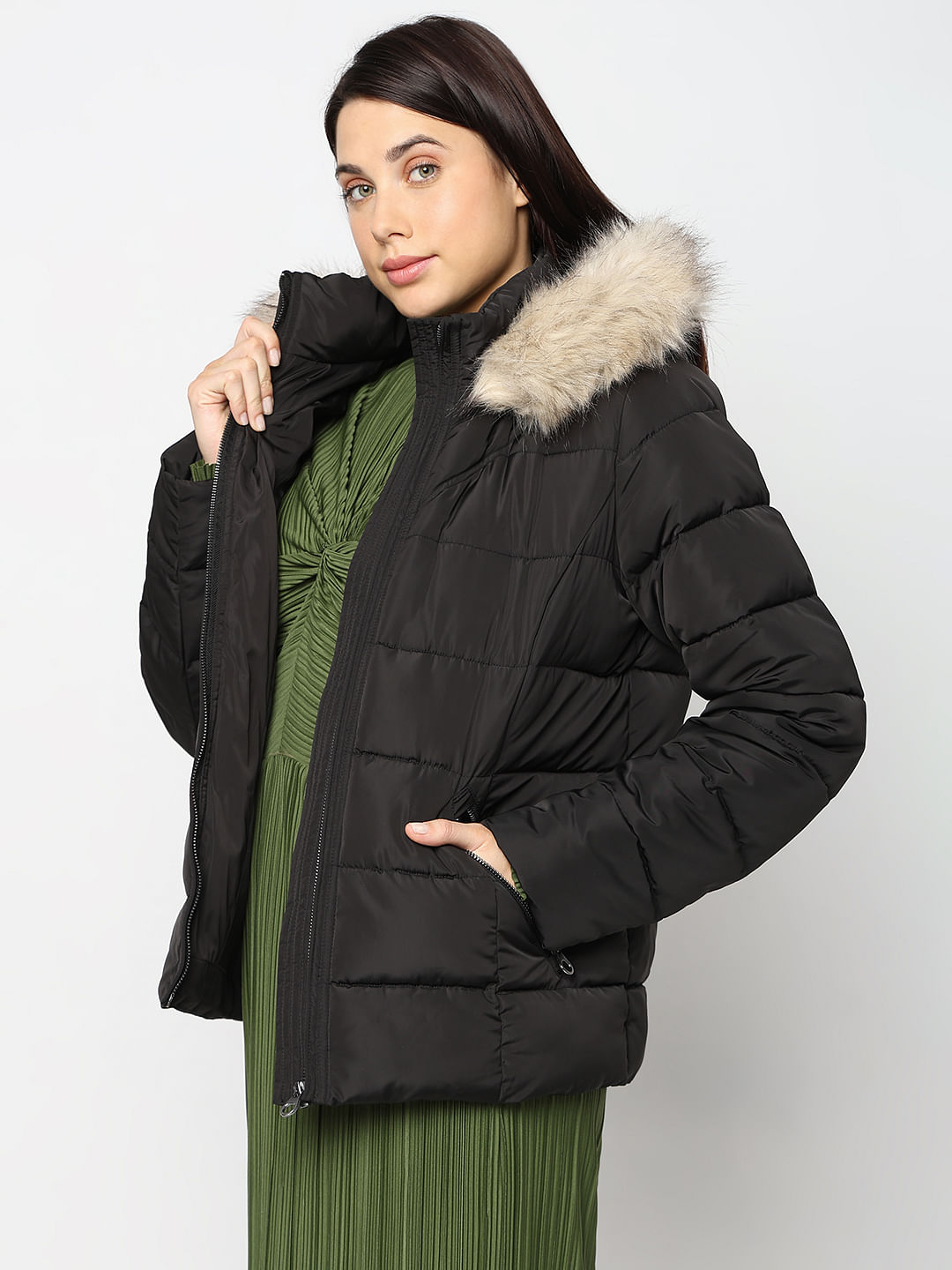 Padded coat with store real fur hood