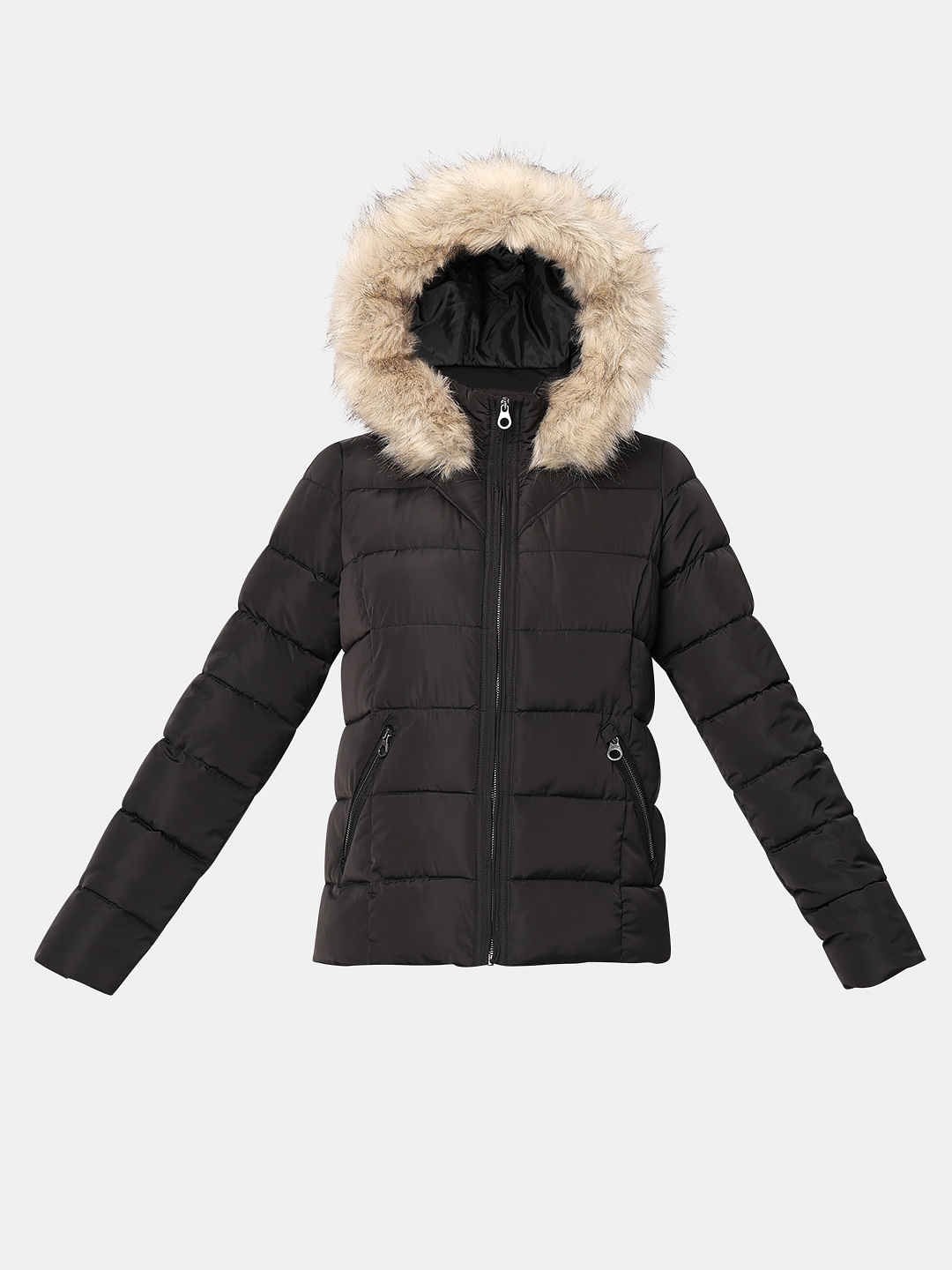 Padded faux fur hooded 2025 quilted puffer coat black