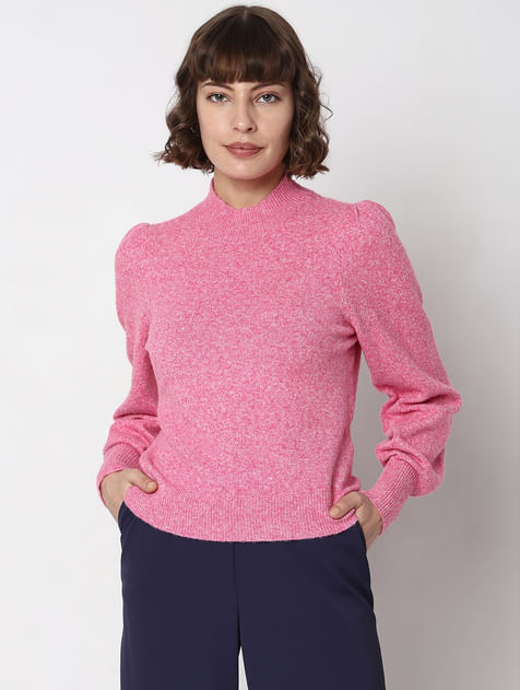 Pink High Neck Melange Yarn Pullover