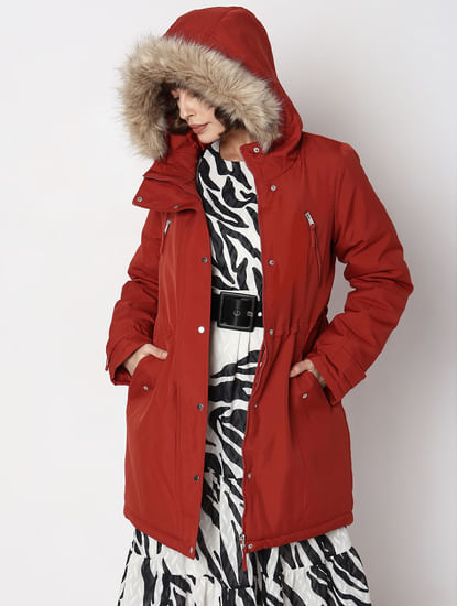 Red Fur Hooded Parka Jacket