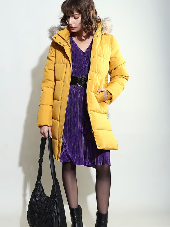 Yellow Faux Fur Hood Puffer Coat