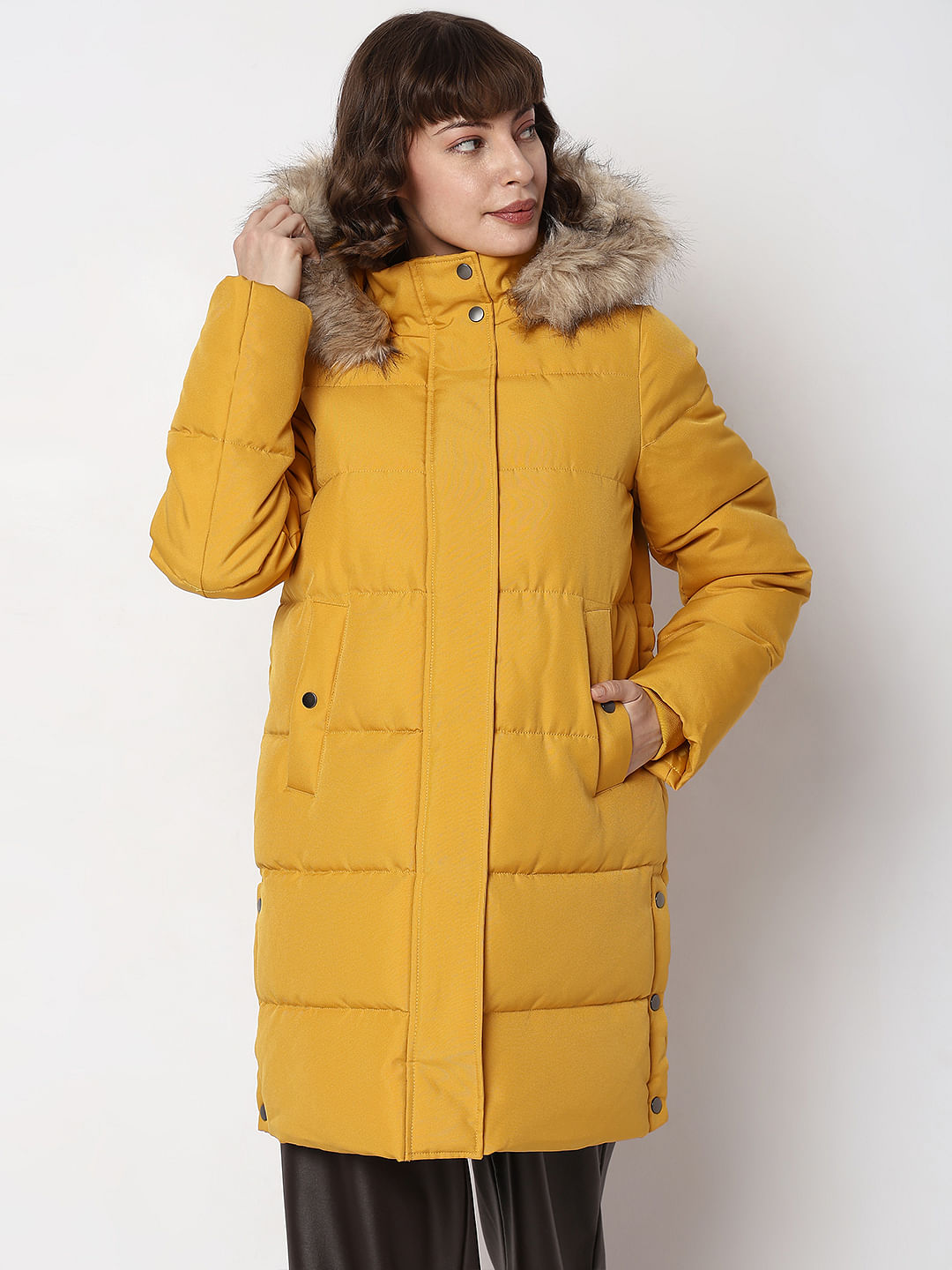 Mustard faux fur 2025 trim hooded puffer coat