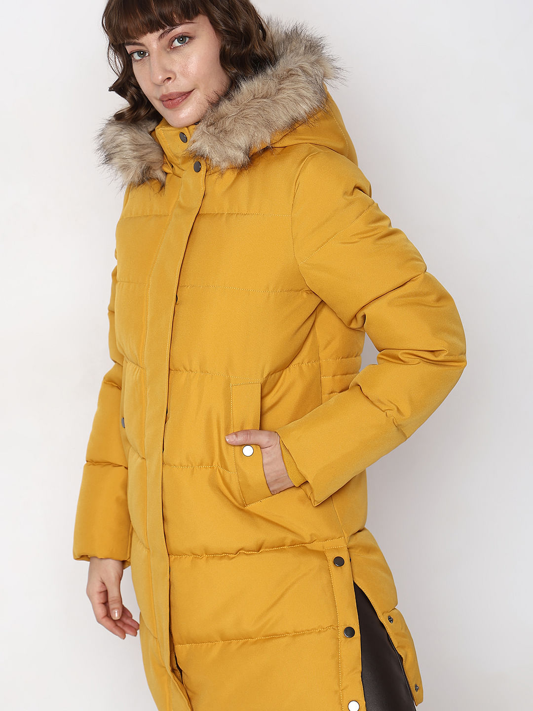 Mustard faux fur 2025 trim hooded puffer coat