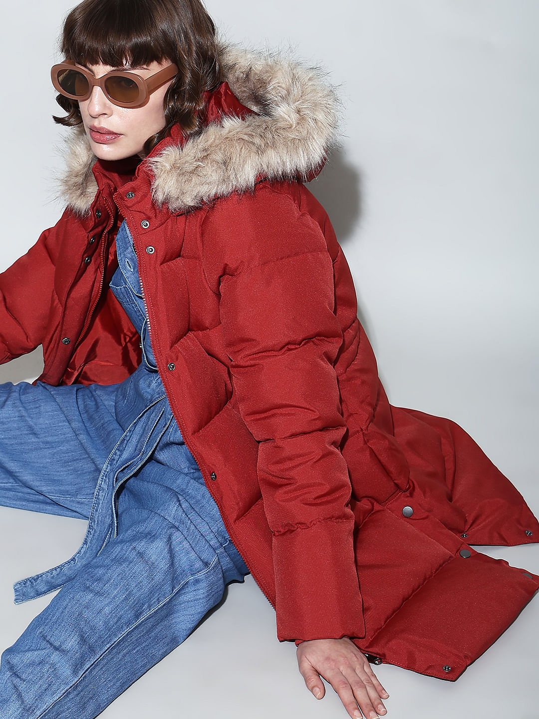 Red puffer coats hot sale with fur hood