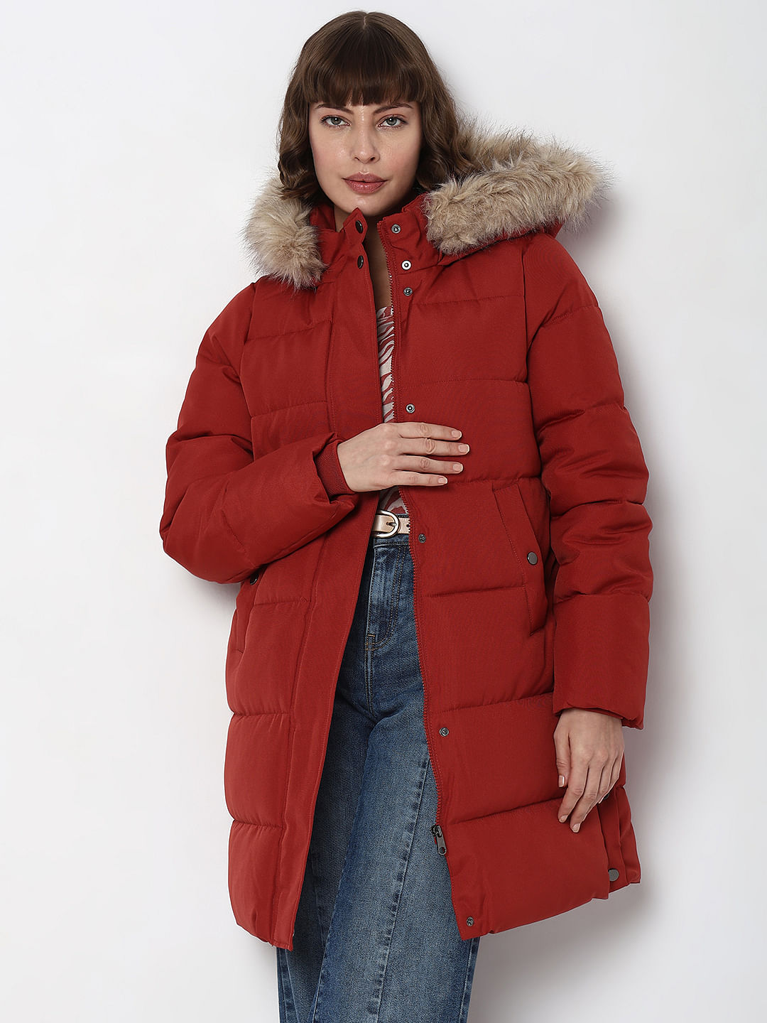 Ladies red puffer hot sale jacket with fur hood