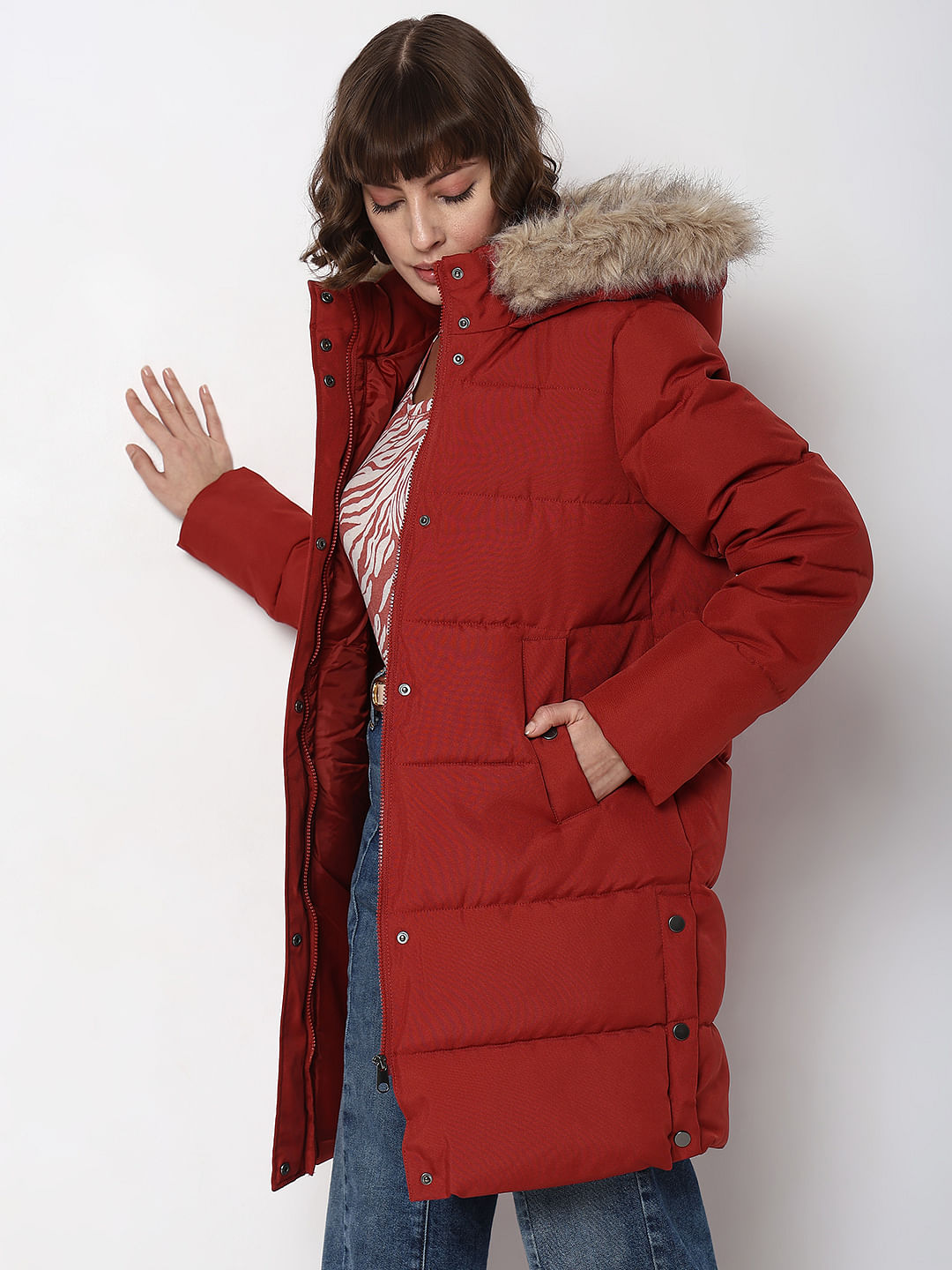 Padded jacket faux store fur hood