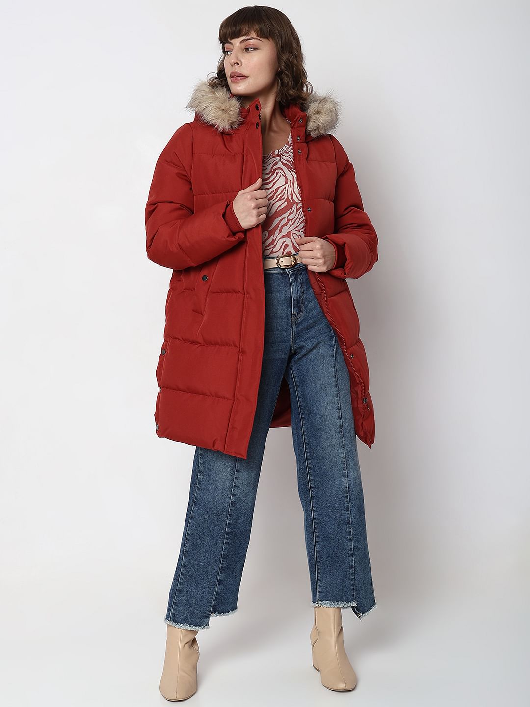 Red longline puffer on sale jacket