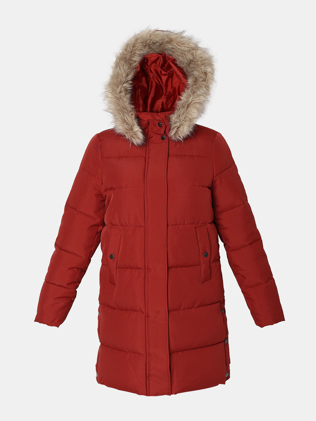 Red puffer coat on sale with faux fur hood