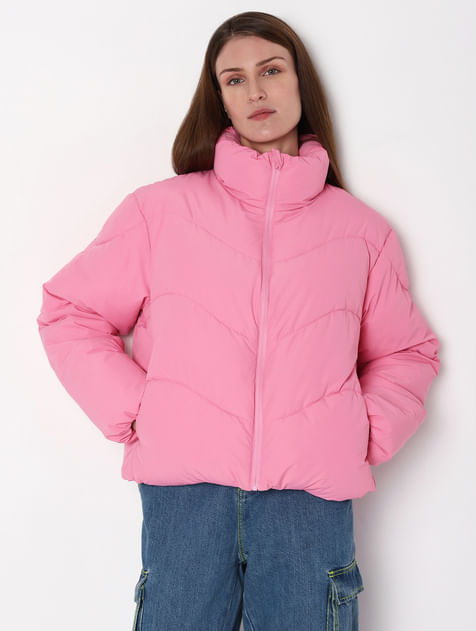 Pink High-Neck Short Puffer Jacket