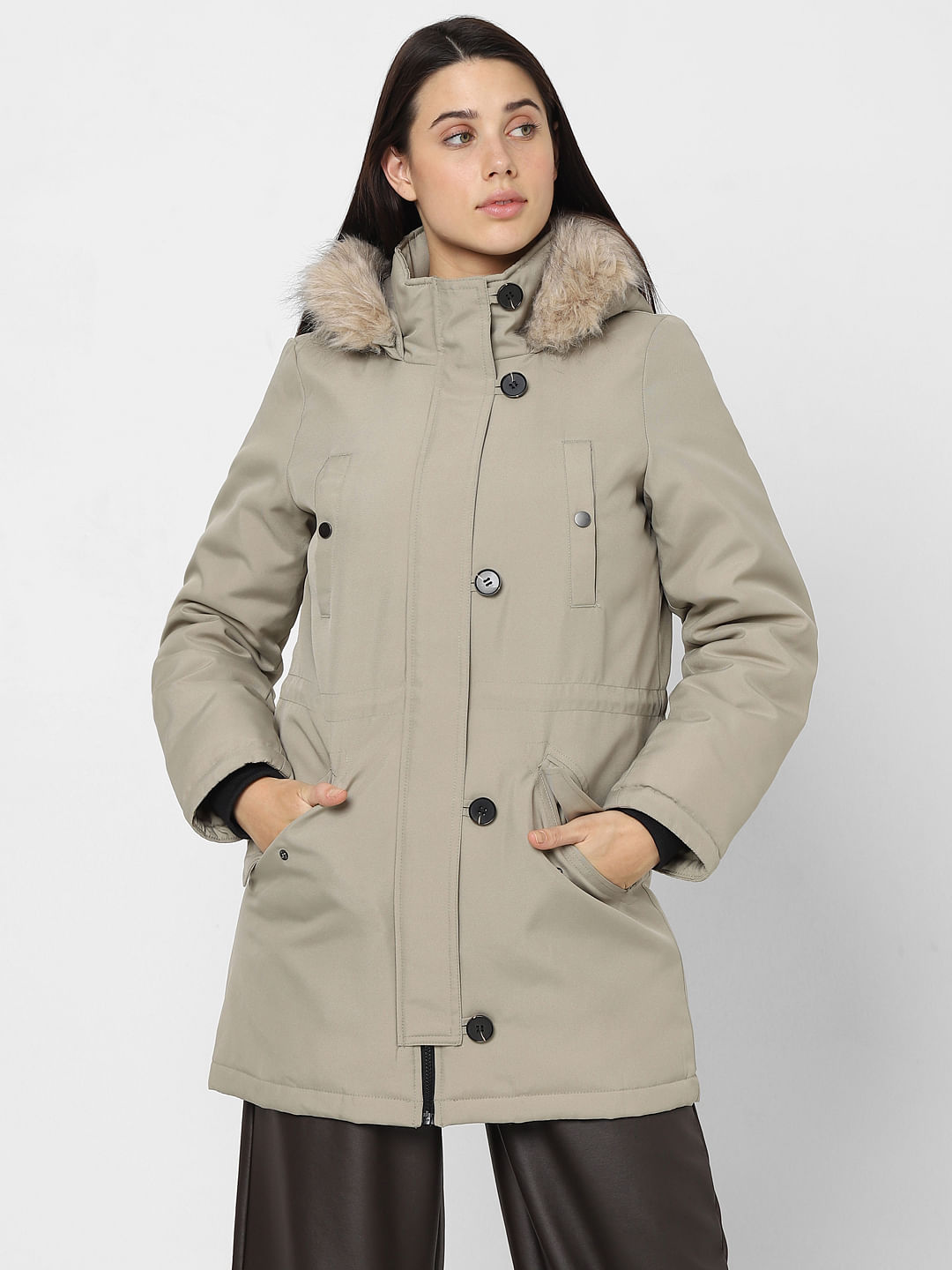 Beige Hooded Longline Puffer Jacket