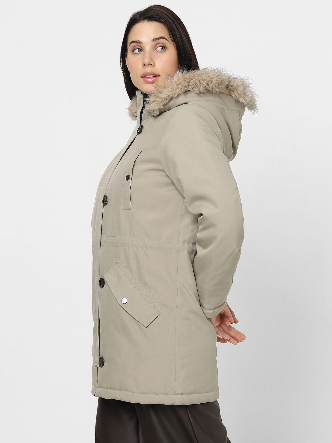 Beige Hooded Longline Puffer Jacket