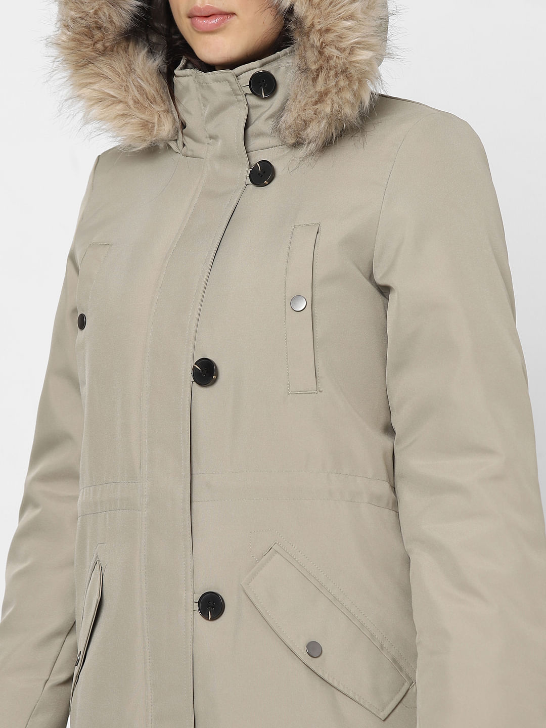 Beige Hooded Longline Puffer Jacket