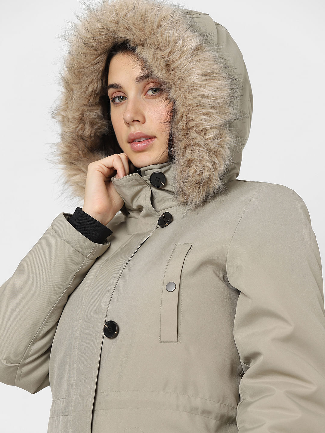 Beige Hooded Longline Puffer Jacket