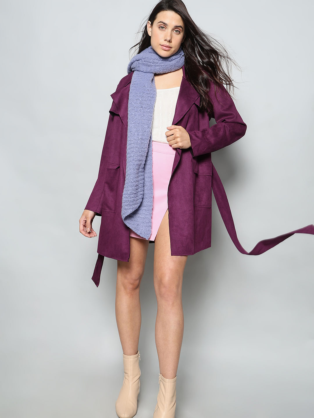 Purple Faux Suede Mid Length Jacket|265123001-Pickled-Beet