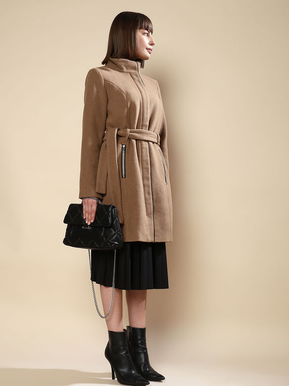 Brown Mid Length Belted Coat