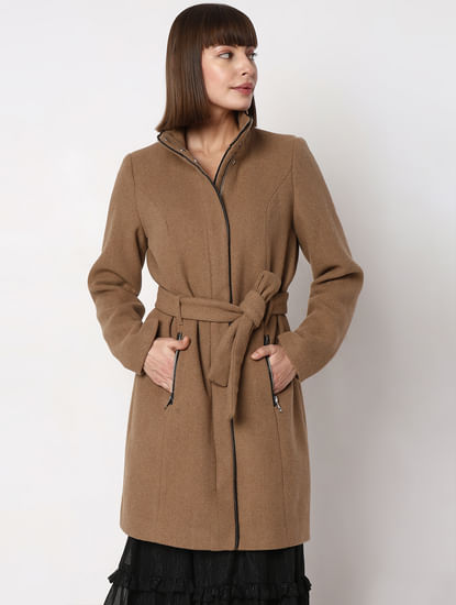Brown Mid Length Belted Coat