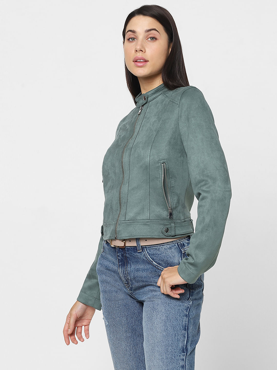 Green suede biker jacket womens best sale