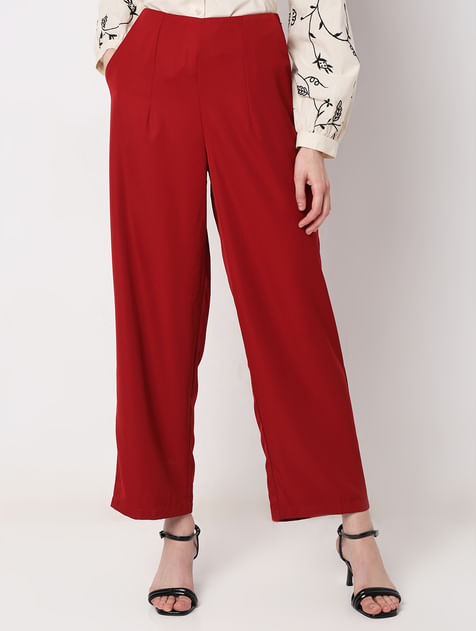 Red High Rise Straight Fit Pants