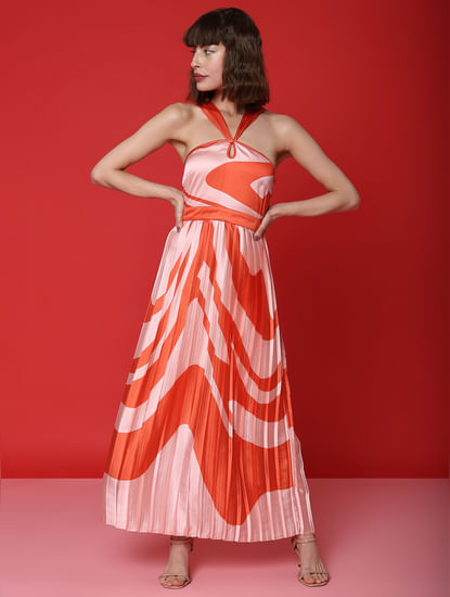 Peach Printed Pleated Maxi Dress