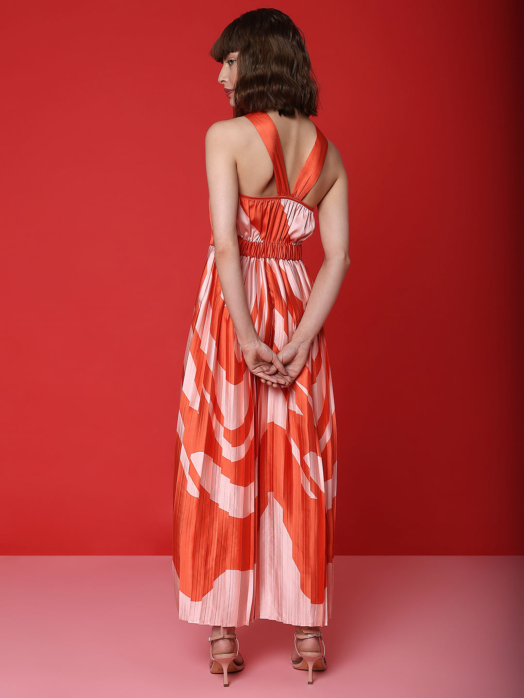 Peach Printed Pleated Maxi Dress