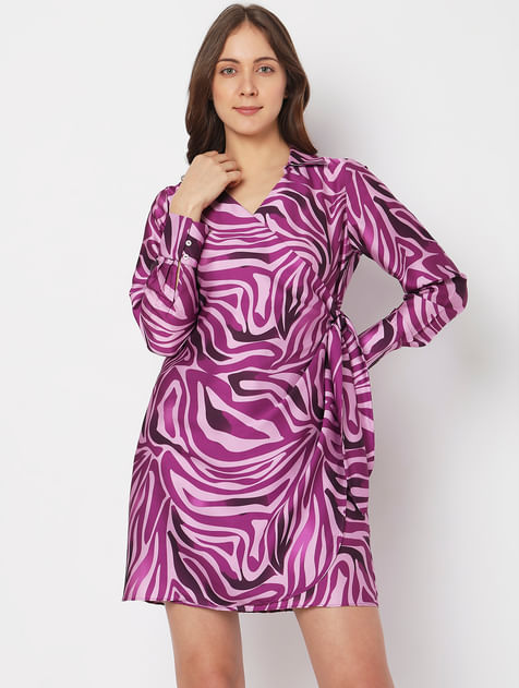 Purple Abstract Print Wrap Dress