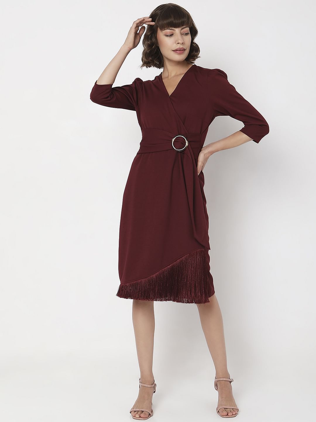 Maroon Fringe Detail Dress