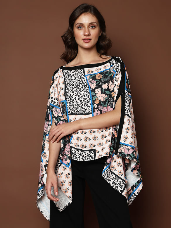 Beige Printed Multi-Style Poncho Top