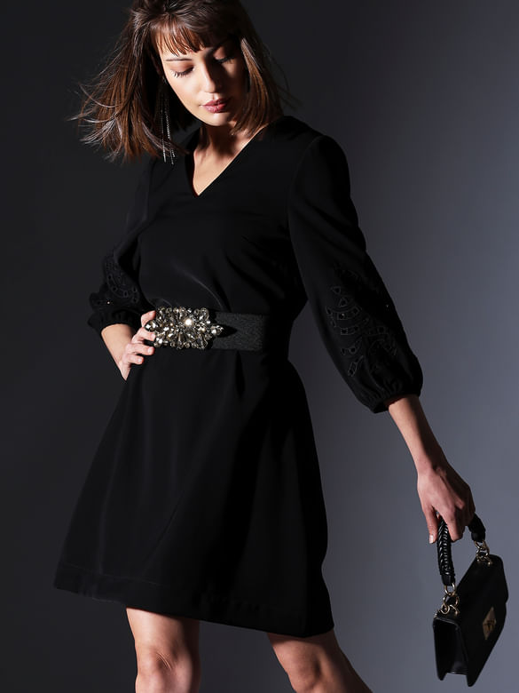 Black Embroidered Sleeves Mini Dress