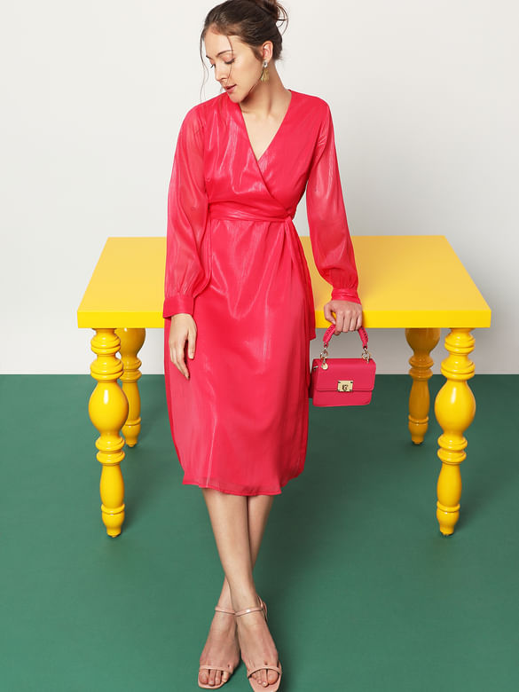 Berry Pink V-Neck Midi Dress