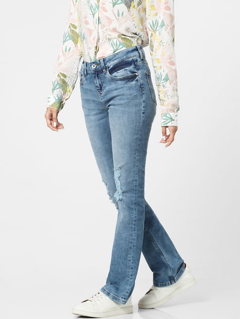Blue Mid Rise Bootcut Ripped Jeans