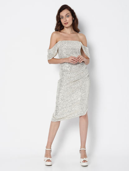 MARQUEE Off-White Sequin Off-Shoulder Dress