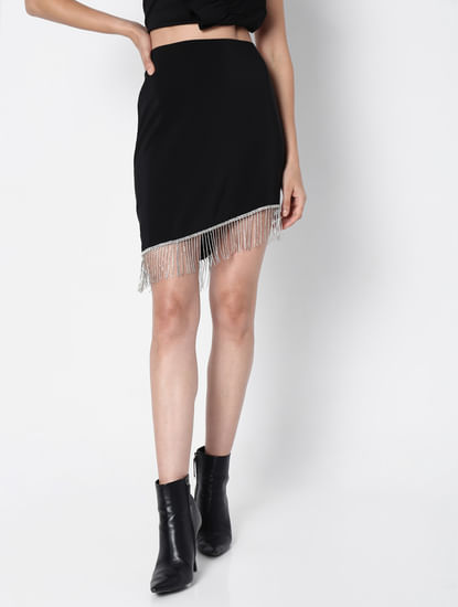 MARQUEE Black High Rise Embellished Fringe Skirt