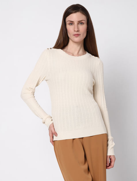 Beige Ribbed Button Detail Pullover