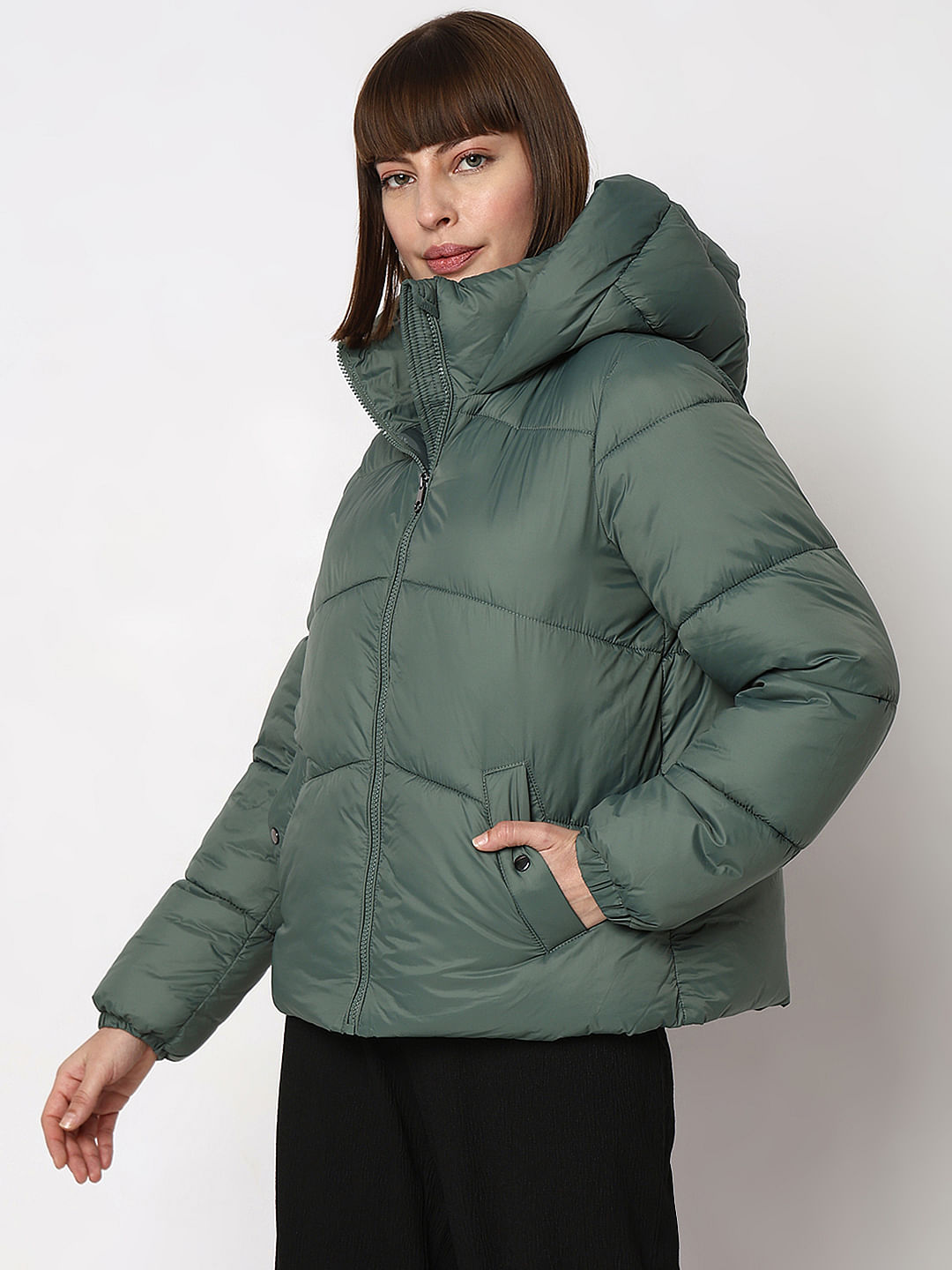 Green puffer jacket outlet with hood