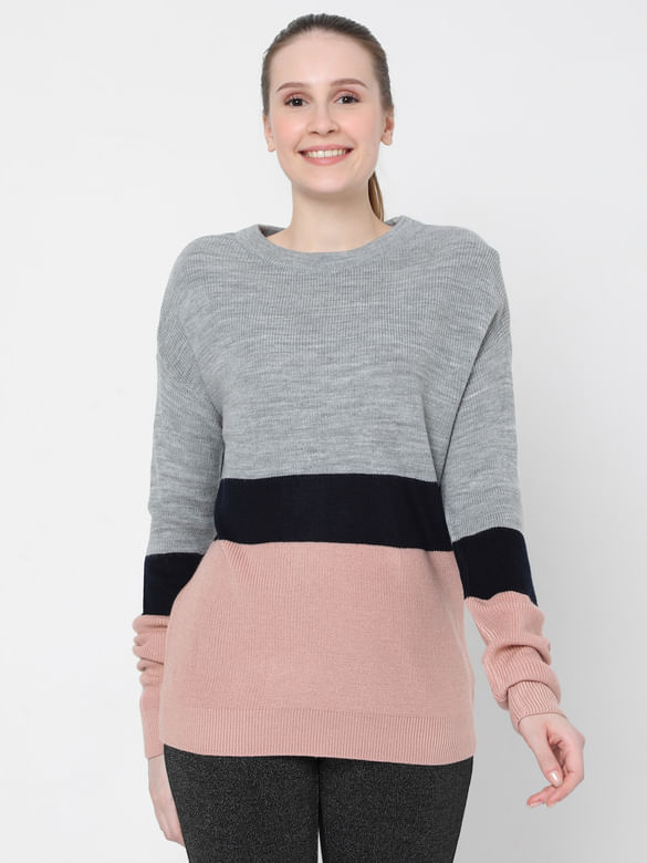 Grey & Pink Colourblocked Pullover
