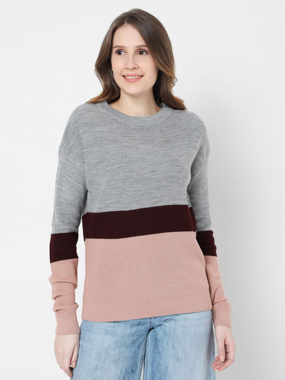Grey & Pink Colourblocked Pullover