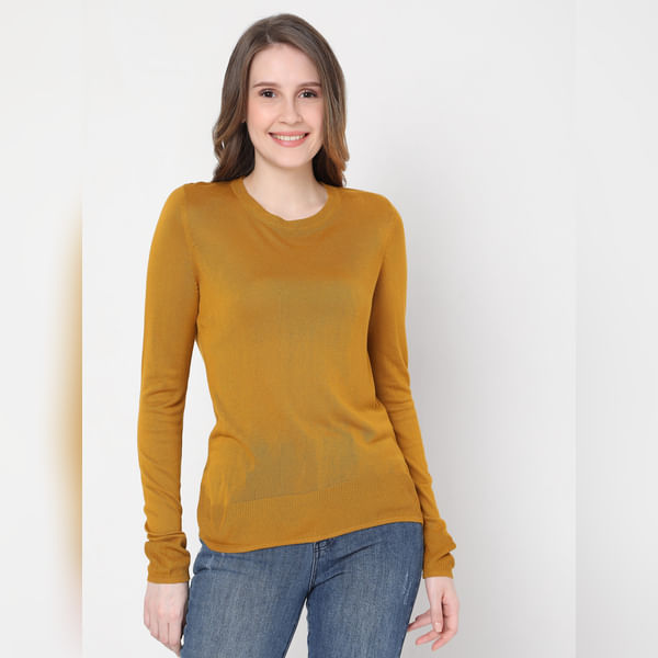 VERO MODA Women Mustard Pullover, Full Sleeves, Round Neck