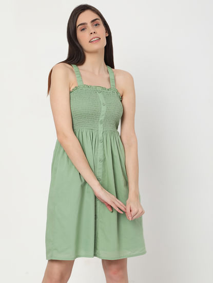 Green Smocked Fit & Flare Dress